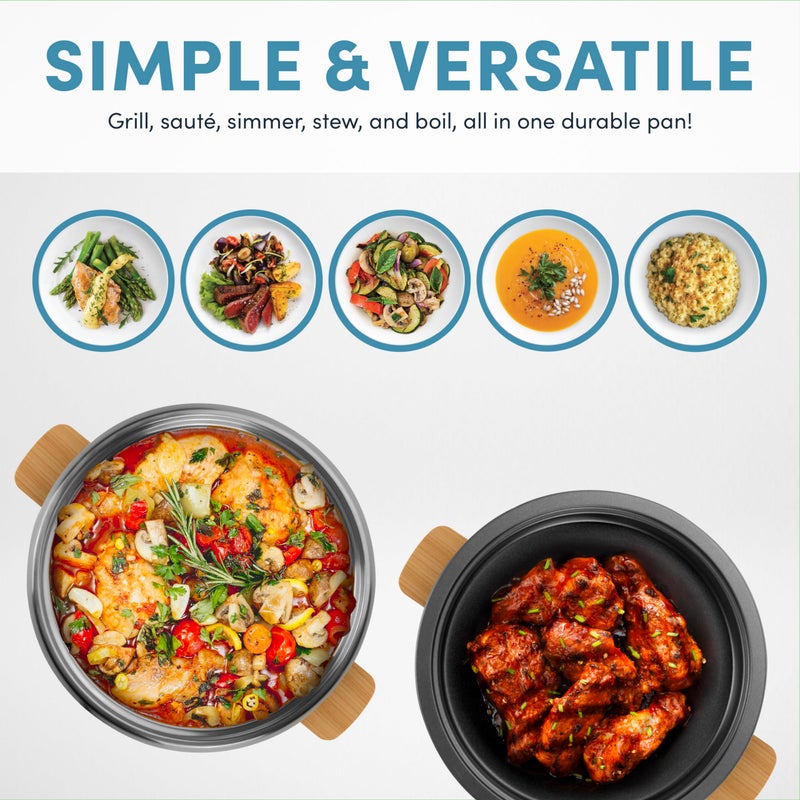 Aroma Housewares AMC-130 Whatever Pot, Indoor Grill, Cooking, Hot Pot with Glass Lid, Bamboo Handles, 2.5L, Stainless Steel/White - Image 2