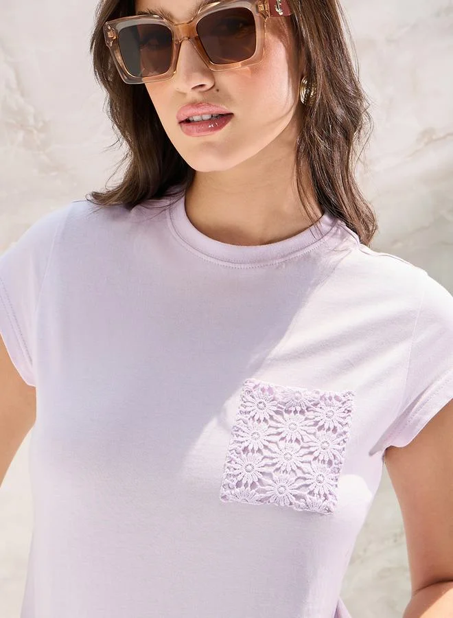 Styli Regular Fit Cap Sleeve T-Shirt With Crochet Pocket Detail