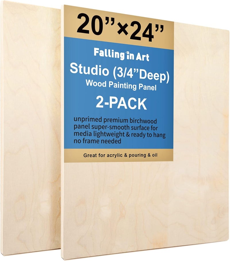 فولينج إن أرت مجموعة ألواح خشب البتولا غير المكتملة من Falling in Art للرسم، عبوة مزدوجة من القماش الخشبي مقاس 20×24 بوصة بعمق 3/4 بوصة للاستوديو، ألواح حامل للصب الفني والحرف اليدوية والحرق وغيرها. - Image 1