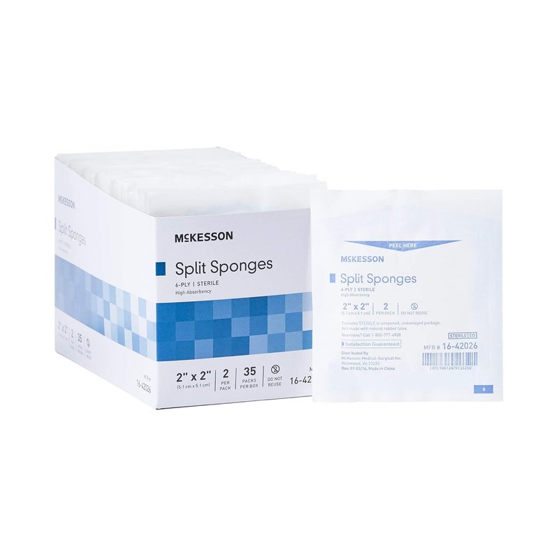McKesson McKesson Split Sponges, 6-Ply Sterile, I.V. and Tracheostomy Dressings, Polyester / Rayon Blend, 2 in x 2 in, 2 per Pack, 1 Pack 