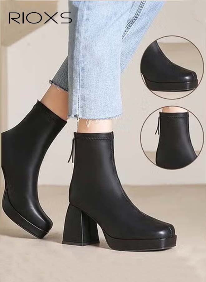 ريوكس جزمة جلدية نسائية عالية الكعب، جزمة كاحل نسائية بلون موحد، جزمة نسائية مربعة مربعة من الأمام عصرية ومصممة بمقدمة مربعة وحذاء كلاسيكي بسحاب خلفي وكعب مكتنز 8 سم، مثالية لتكملي إطلالتك  - Image 1