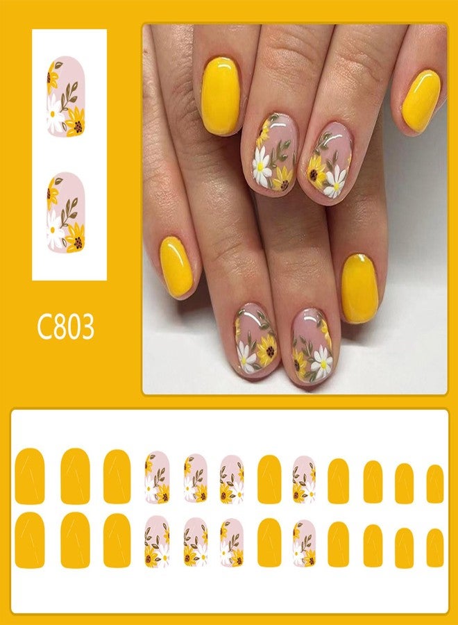 NICENEEDED 24 PCS Sunflower Press on Nails, Medium Square Fake Nails with Floral Designs, Nude Pink Glossy False Nail for Women Manicure Art Halloween - Image 3