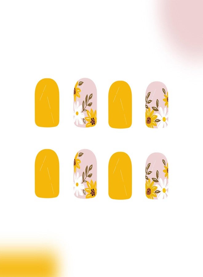 NICENEEDED 24 PCS Sunflower Press on Nails, Medium Square Fake Nails with Floral Designs, Nude Pink Glossy False Nail for Women Manicure Art Halloween - Image 4