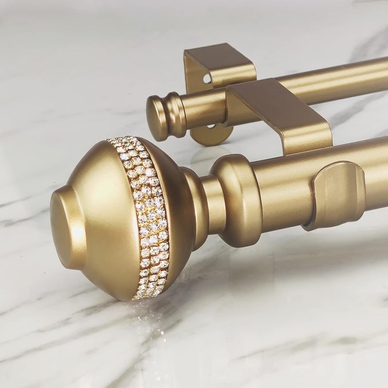 Double Curtain Rod Set:1-1/8 Inch Diameter Luxury Gold Curtain Rods, 36-72 Inch Adjustable Gold Drapery Rod with Rhinestone Finials for 1 Pack - Image 1