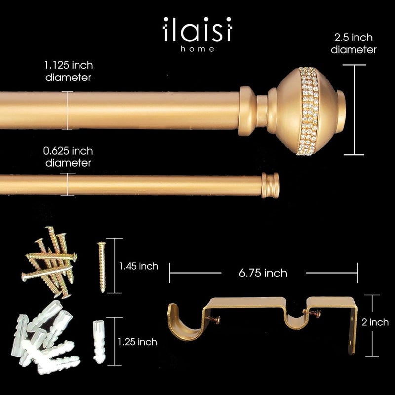 Double Curtain Rod Set:1-1/8 Inch Diameter Luxury Gold Curtain Rods, 36-72 Inch Adjustable Gold Drapery Rod with Rhinestone Finials for 1 Pack - Image 4