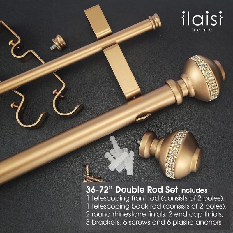 Double Curtain Rod Set:1-1/8 Inch Diameter Luxury Gold Curtain Rods, 36-72 Inch Adjustable Gold Drapery Rod with Rhinestone Finials for 1 Pack - Image 3