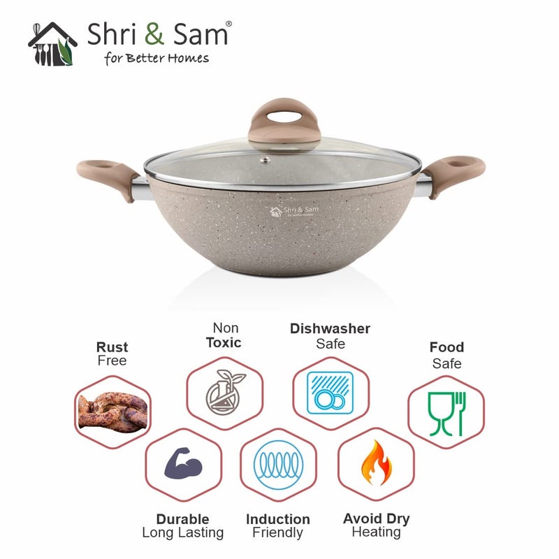 Shri & Sam Shri & Sam Rockline Aluminium Kadhai with Lid, Brown (28 cm, 3 L)  - Image 4
