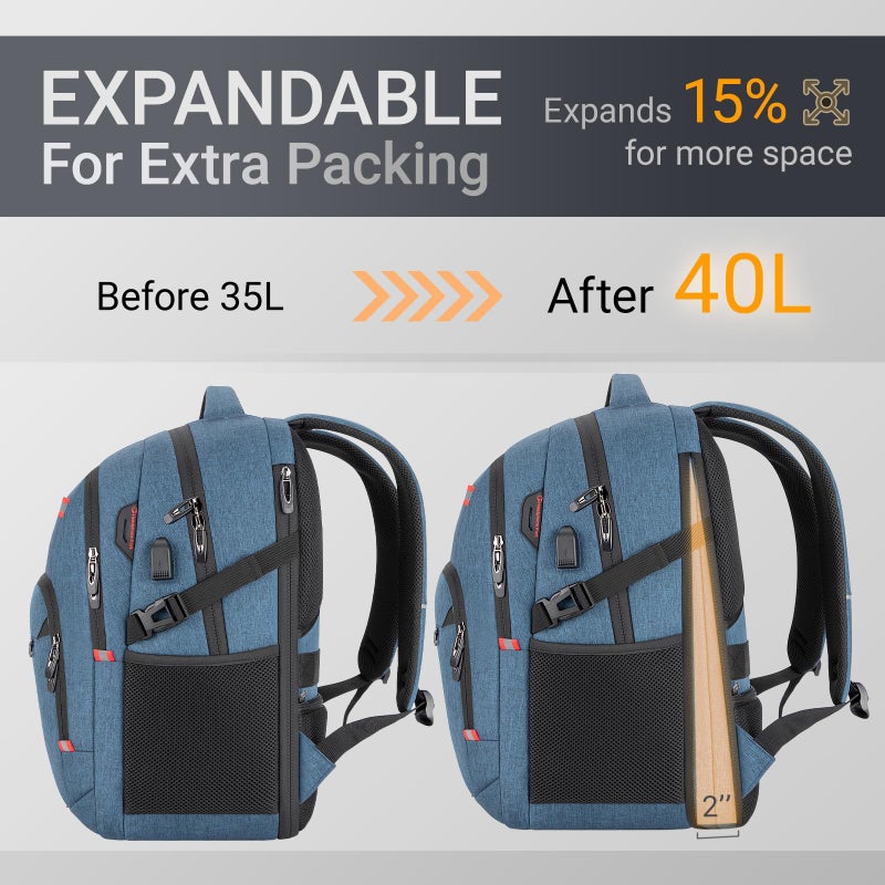 Velaybor 40L Expandable Laptop Backpack, Anti-thief Travel Backpack with USB Charging Port, Airline Approved Business Waterproof Carry on Luggage, Fits 15.6" Laptop for Men Women - Image 3
