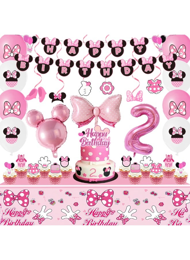 Minnie Mouse 50pcs Minnie Mouse 2nd Birthday Party Decorations Set, Minnie 2nd Birthday Party Decor with Banner Cake Topper Balloons Tablecloth Spiral Pendant Foil Balloons for Minnie Mouse 2nd Birthday Decoration Supplies - Image 1