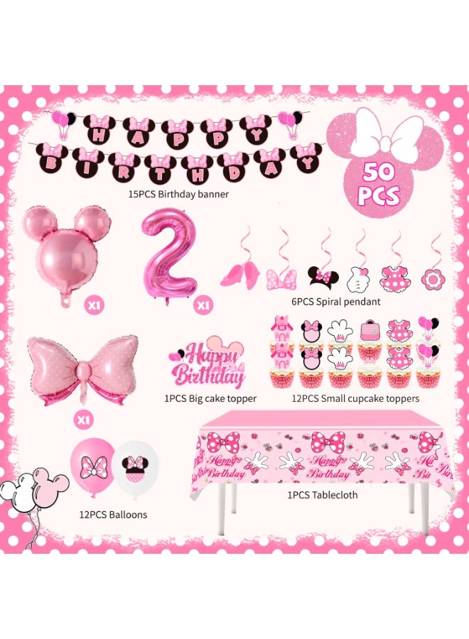 Minnie Mouse 50pcs Minnie Mouse 2nd Birthday Party Decorations Set, Minnie 2nd Birthday Party Decor with Banner Cake Topper Balloons Tablecloth Spiral Pendant Foil Balloons for Minnie Mouse 2nd Birthday Decoration Supplies - Image 3