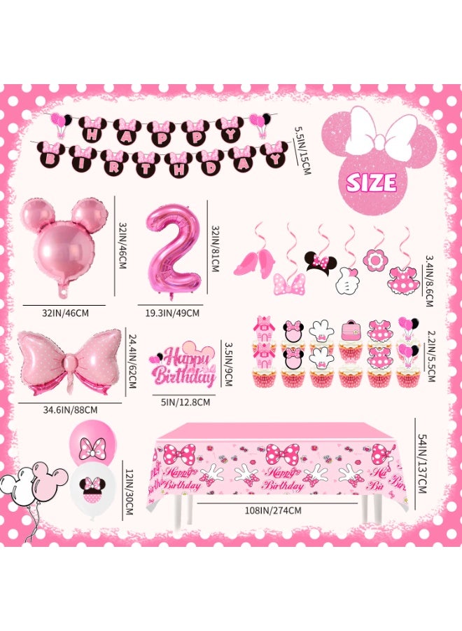 Minnie Mouse 50pcs Minnie Mouse 2nd Birthday Party Decorations Set, Minnie 2nd Birthday Party Decor with Banner Cake Topper Balloons Tablecloth Spiral Pendant Foil Balloons for Minnie Mouse 2nd Birthday Decoration Supplies - Image 2