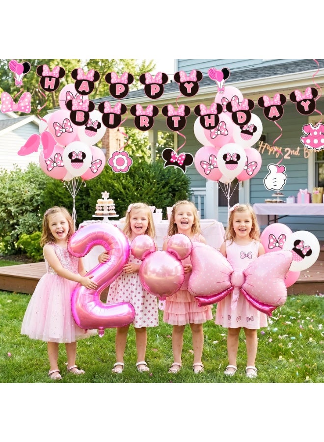 Minnie Mouse 50pcs Minnie Mouse 2nd Birthday Party Decorations Set, Minnie 2nd Birthday Party Decor with Banner Cake Topper Balloons Tablecloth Spiral Pendant Foil Balloons for Minnie Mouse 2nd Birthday Decoration Supplies - Image 5