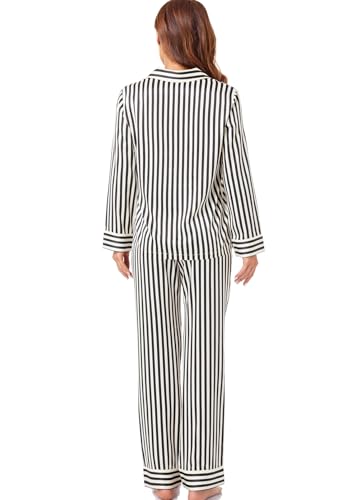 Serenedelicacy Women's Satin Pajama Set Long Sleeve Button Down Sleepwear 2-Piece Silky Pj Set (Medium, Champagne/Black, Stripe) - Image 2