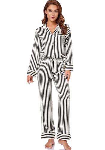 Serenedelicacy Women's Satin Pajama Set Long Sleeve Button Down Sleepwear 2-Piece Silky Pj Set (Medium, Champagne/Black, Stripe) - Image 1