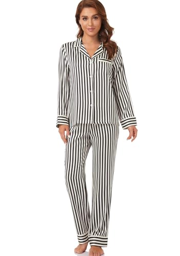 Serenedelicacy Women's Satin Pajama Set Long Sleeve Button Down Sleepwear 2-Piece Silky Pj Set (Medium, Champagne/Black, Stripe) - Image 3