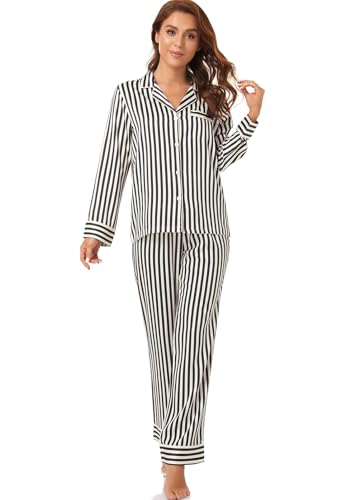Serenedelicacy Women's Satin Pajama Set Long Sleeve Button Down Sleepwear 2-Piece Silky Pj Set (Medium, Champagne/Black, Stripe) - Image 4