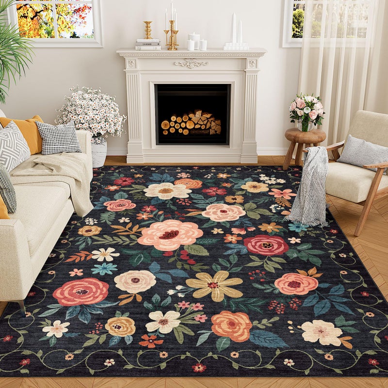 DUKINO 6x9 Area Rug Floral Rugs for Living Room Lightweight Non Slip Washable Indoor Low Pile NonShedding Boho Design Carpet for Bedroom Living Room Dining Room Black - Image 2