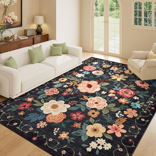 DUKINO 6x9 Area Rug Floral Rugs for Living Room Lightweight Non Slip Washable Indoor Low Pile NonShedding Boho Design Carpet for Bedroom Living Room Dining Room Black - Image 3