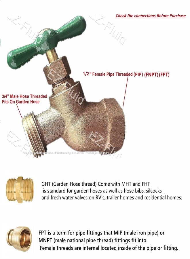EZ-FLUID صنبور خرطوم EZ-FLUID بمدخل 1/2 بوصة FIP ومخرج خرطوم ملولب ذكر 3/4 بوصة MHT لري الحدائق، صنبور خرطوم نحاسي شديد التحمل مقاوم للالتواء، صمام إغلاق صنبور الحديقة الخارجية (1) - Image 2