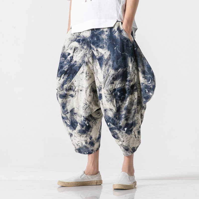 2020 Summer Wear Floral Ink Chinese Style Men'S Pants Retro Old Cropped Pants Men'S Nepalese Trendy Bloomers - Image 3
