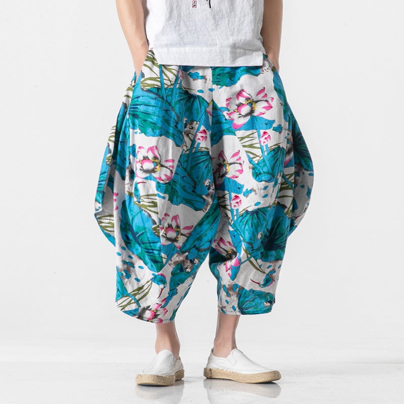 2020 Summer Wear Floral Ink Chinese Style Men'S Pants Retro Old Cropped Pants Men'S Nepalese Trendy Bloomers - Image 1