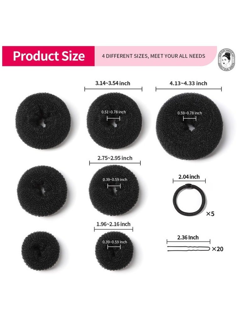 7 Hair Bun Makers Set, Black Buns Shaper Hair Styling Accessories Kit with 5 Bands and 20 Bun Pins, Donut Ring Style Chignon Bun Maker, For Ballet Dance (2 Small 2 Medium 2 Large 1 Extra-Large) - Image 2