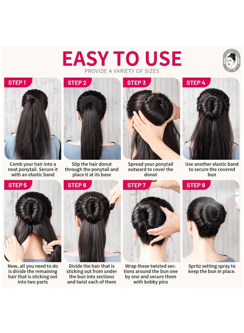 7 Hair Bun Makers Set, Black Buns Shaper Hair Styling Accessories Kit with 5 Bands and 20 Bun Pins, Donut Ring Style Chignon Bun Maker, For Ballet Dance (2 Small 2 Medium 2 Large 1 Extra-Large) - Image 4
