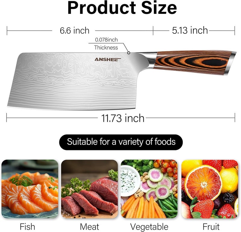anshee 7 Inch Japanese Chef Cleaver Knife - High Carbon Stainless Steel Ultra Sharp Blade, Multi-Task Meat & Vegetable Chinese Knife with Wood Handle & Gift Box (Sheath Included for Home/Restaurant) - Image 2