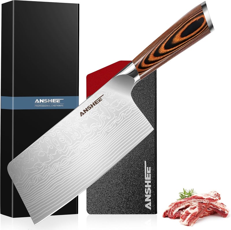 anshee 7 Inch Japanese Chef Cleaver Knife - High Carbon Stainless Steel Ultra Sharp Blade, Multi-Task Meat & Vegetable Chinese Knife with Wood Handle & Gift Box (Sheath Included for Home/Restaurant) - Image 1