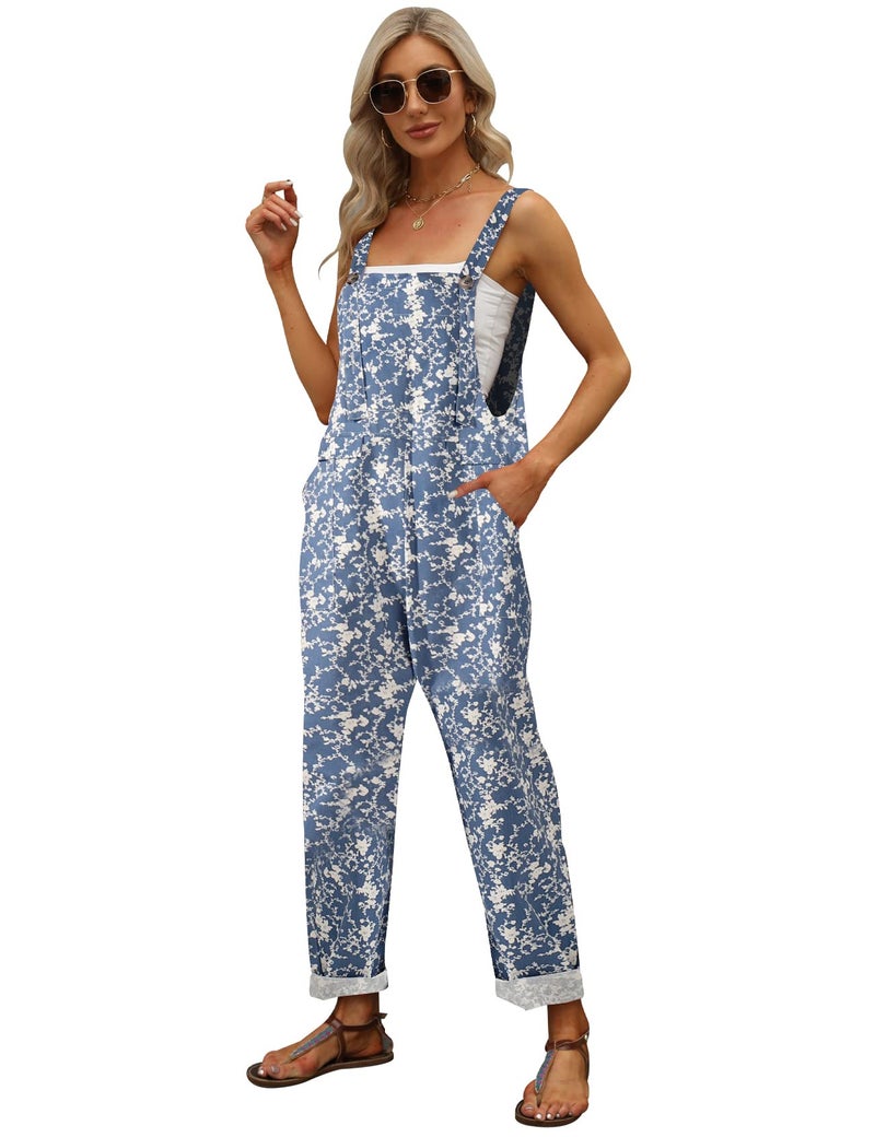 Gihuo Women's Fashion Baggy Loose Linen Overalls Jumpsuit Oversized Casual Sleeveless Rompers with Pockets (03Blue-L) - Image 1