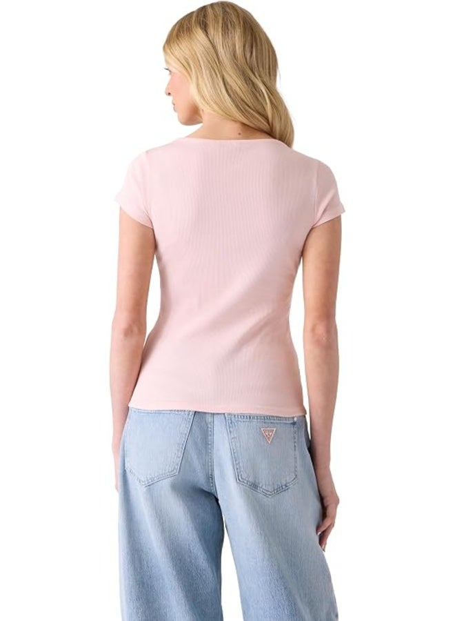 جس تيشيرت نسائي قصير الأكمام من GUESS، موديل Kaylee Rib Henley، لون دريم بينك - Image 5