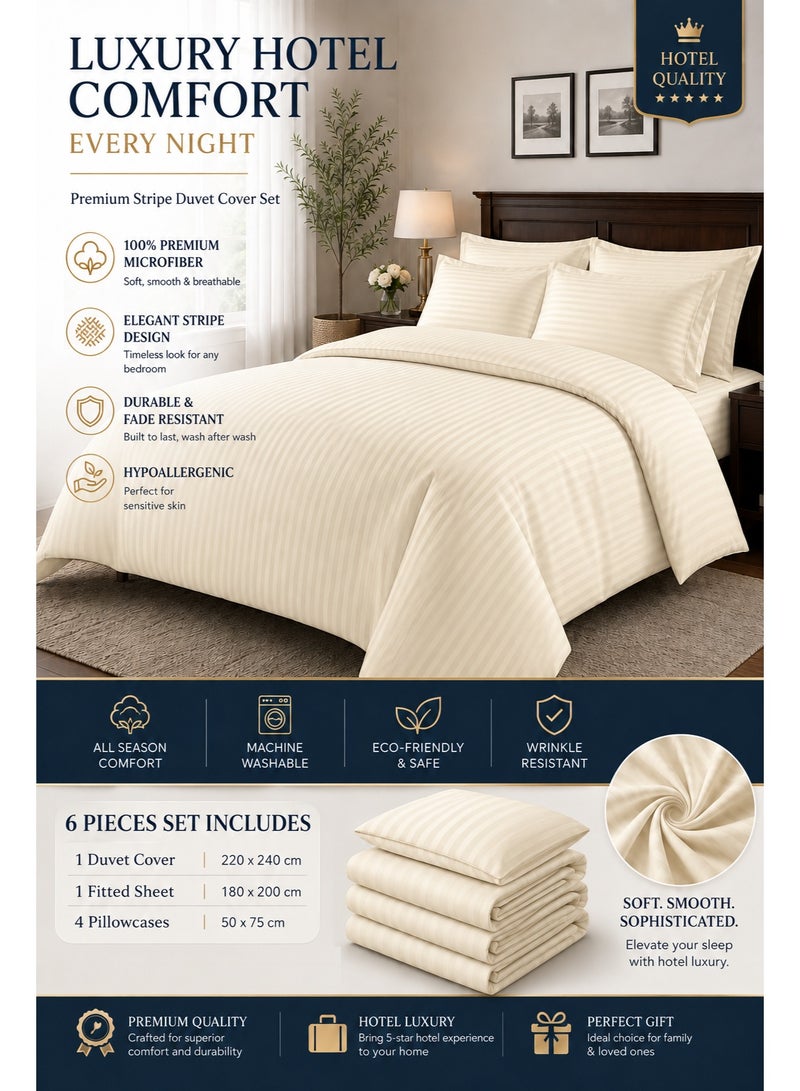 My Cotton Luxury Striped Cream Duvet Cover Set 6 Pieces King Size 220×240 cm – Premium Brushed Microfiber, Soft Cotton Feel, Fitted Sheet 180×200+30 cm & 4 Pillowcases 50×75 cm – Breathable Hotel Collection Bedding - Image 1