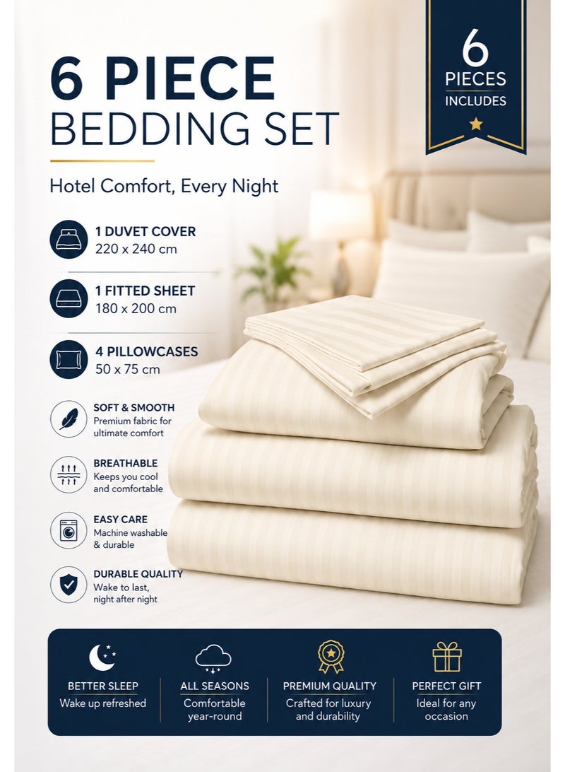 My Cotton Luxury Striped Cream Duvet Cover Set 6 Pieces King Size 220×240 cm – Premium Brushed Microfiber, Soft Cotton Feel, Fitted Sheet 180×200+30 cm & 4 Pillowcases 50×75 cm – Breathable Hotel Collection Bedding - Image 4