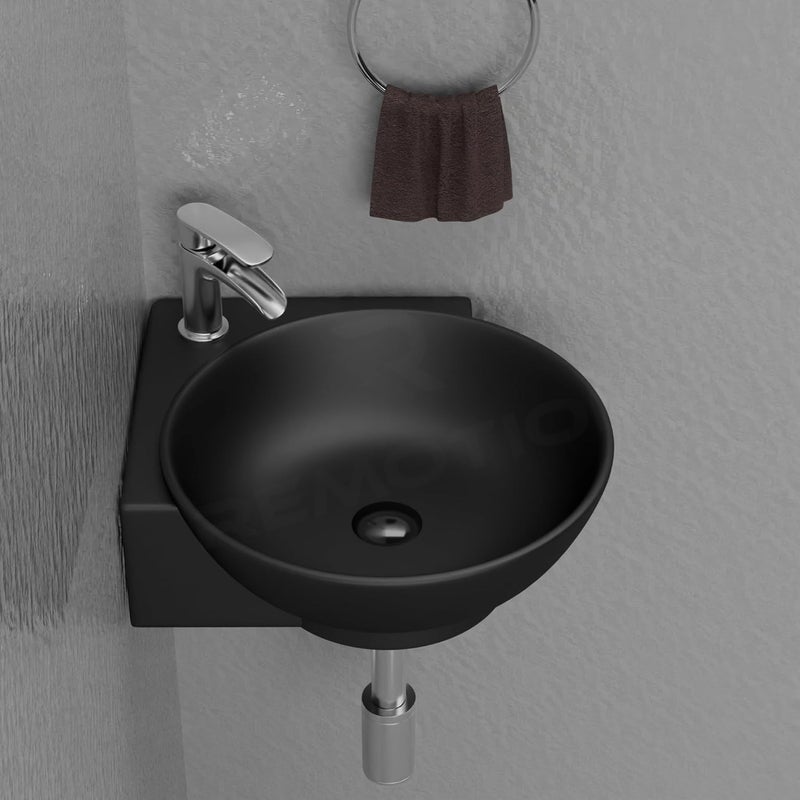 REMOTION Wall Mounted Wash Basin for Bathroom Ceramic Wash Basin Wall Hung Small Corner Wash BasinSink 163 x 138 x 43 Inch Matte Black - Image 1