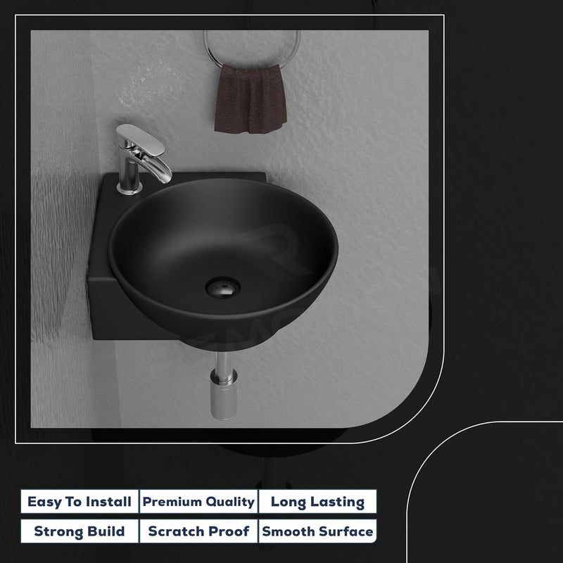 REMOTION Wall Mounted Wash Basin for Bathroom Ceramic Wash Basin Wall Hung Small Corner Wash BasinSink 163 x 138 x 43 Inch Matte Black - Image 4