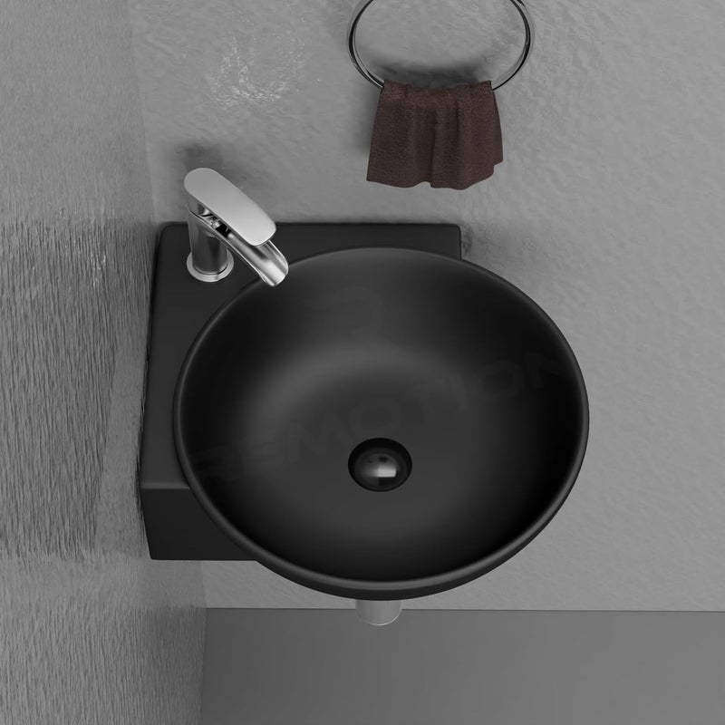 REMOTION Wall Mounted Wash Basin for Bathroom Ceramic Wash Basin Wall Hung Small Corner Wash BasinSink 163 x 138 x 43 Inch Matte Black - Image 3