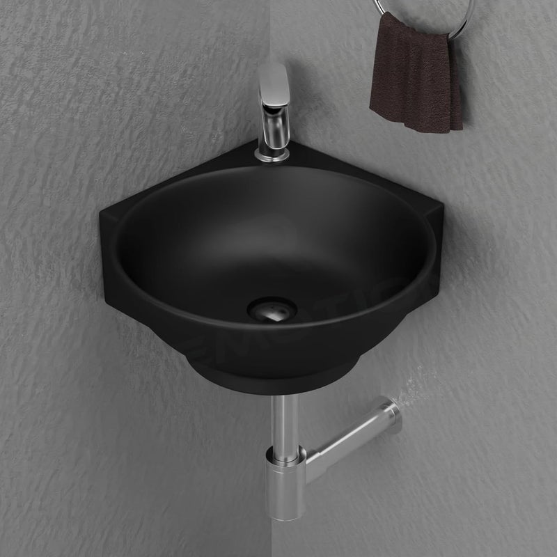 REMOTION Wall Mounted Wash Basin for Bathroom Ceramic Wash Basin Wall Hung Small Corner Wash BasinSink 163 x 138 x 43 Inch Matte Black - Image 2