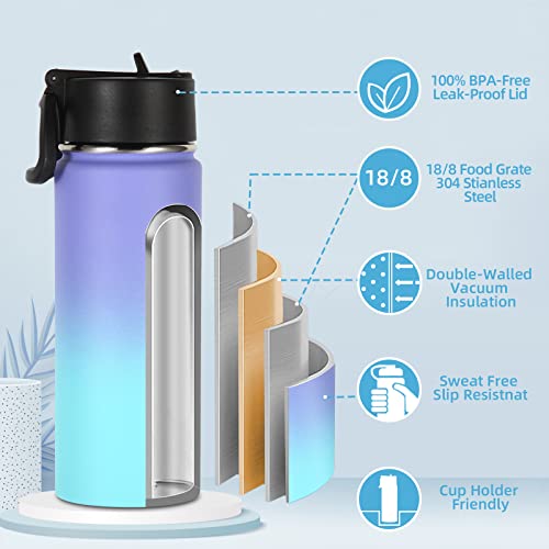 Volhoply 18oz Insulated Water Bottle Bulk 2 Pack,Kids Stainless Steel Water Bottles with Straw,Wide Mouth Reusable Metal Bottle,Double Wall Vacuum Sports Flask For Cold Drink(Assorted,2 Set) - Image 3