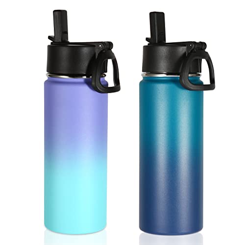 Volhoply 18oz Insulated Water Bottle Bulk 2 Pack,Kids Stainless Steel Water Bottles with Straw,Wide Mouth Reusable Metal Bottle,Double Wall Vacuum Sports Flask For Cold Drink(Assorted,2 Set) - Image 1