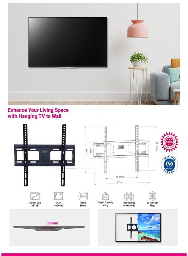 Skill Tech SH 43F Fixed TV Wall Mount Bracket for 23-65 Inch LED/LCD Screens, VESA 400x400, Slim 30mm Profile, Max Load 50kg – Black - Image 4