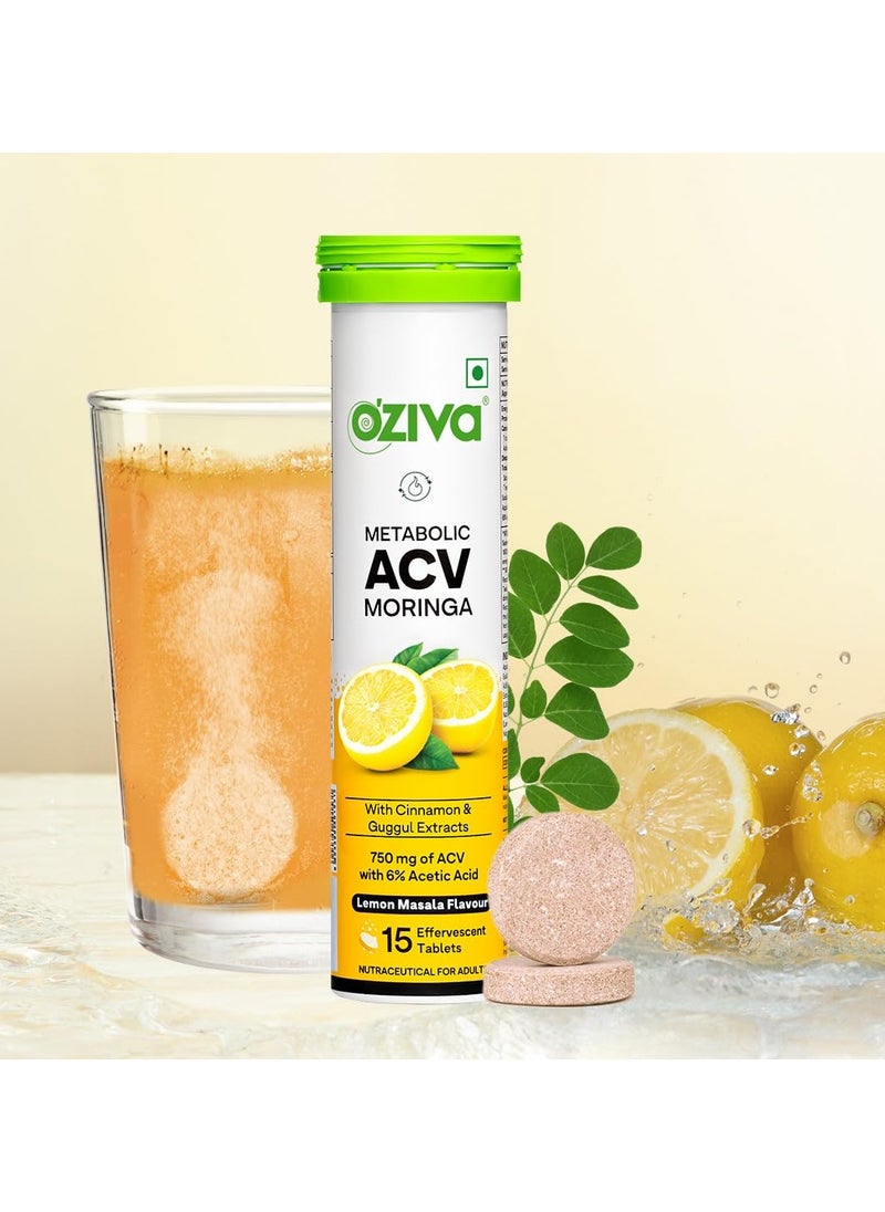 OZiva - ACV Moringa Control Cravings Apple Cider Vinegar Cinnamon Guggul No Maltodextrin No Added Sugar 15 Effervescent Tablets Lemon Masala Pack of 8 120 Tablets - Image 1
