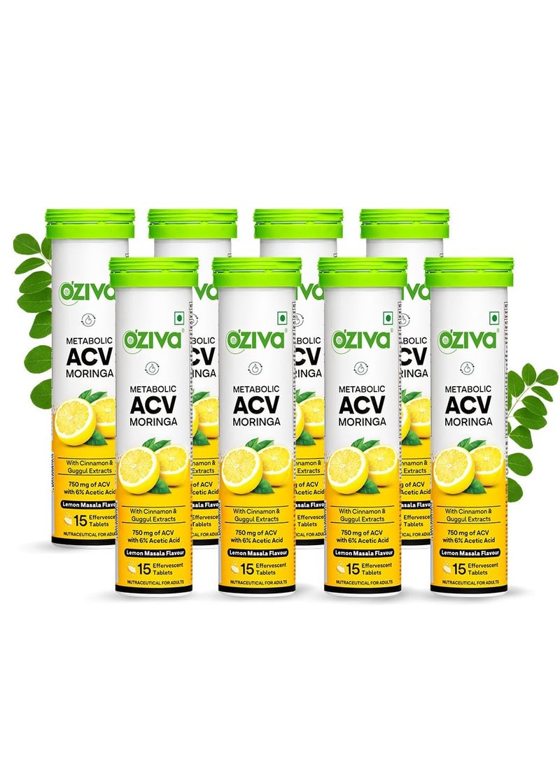OZiva - ACV Moringa Control Cravings Apple Cider Vinegar Cinnamon Guggul No Maltodextrin No Added Sugar 15 Effervescent Tablets Lemon Masala Pack of 8 120 Tablets - Image 1