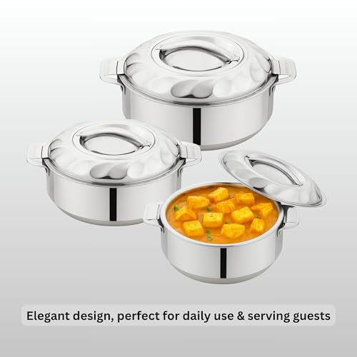 Tsumab Stainless Steel Casserole with Lid, Set of 3 (1000 ml, 1500 ml, 2500 ml), Double Wall Insulated Hotpot, Keeps Food Hot & Fresh, Durable Heavy Duty, Ideal for Roti, Rice, Curry, Biryani – Silver - Image 5