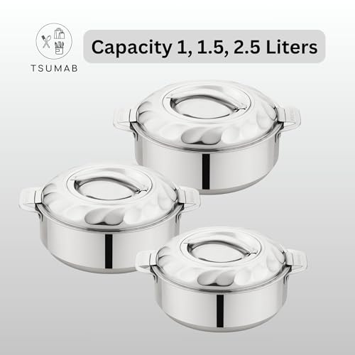 Tsumab Stainless Steel Casserole with Lid, Set of 3 (1000 ml, 1500 ml, 2500 ml), Double Wall Insulated Hotpot, Keeps Food Hot & Fresh, Durable Heavy Duty, Ideal for Roti, Rice, Curry, Biryani – Silver - Image 2