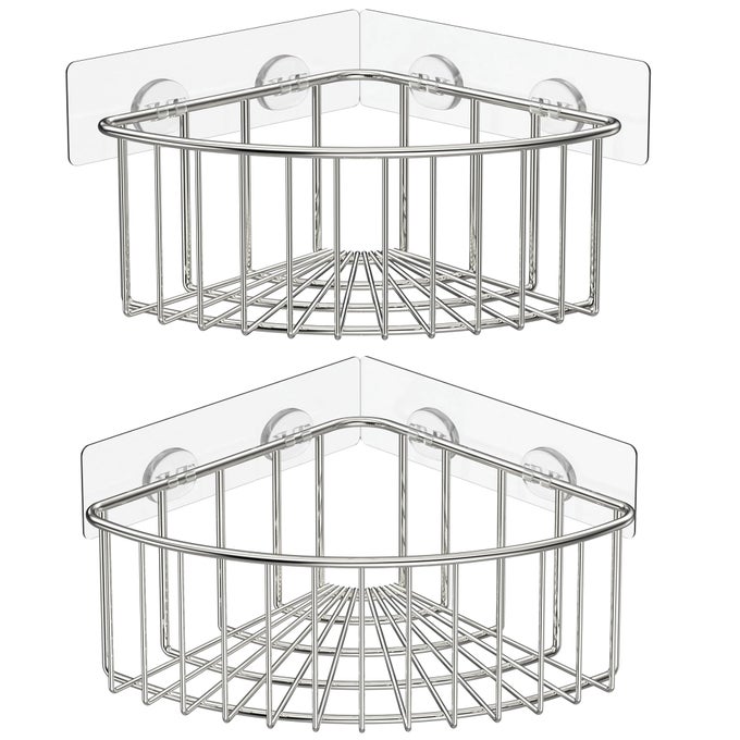 2PACK CORNER SHOWER CADDY DEEP BASKET DESIGN SUS304 STAINLESS STEEL WALL MOUNTED BATHROOM SHELF WITH ADHESIVE STORAGE ORGANIZER FOR TOILET DORM AND KITCHEN SILVER