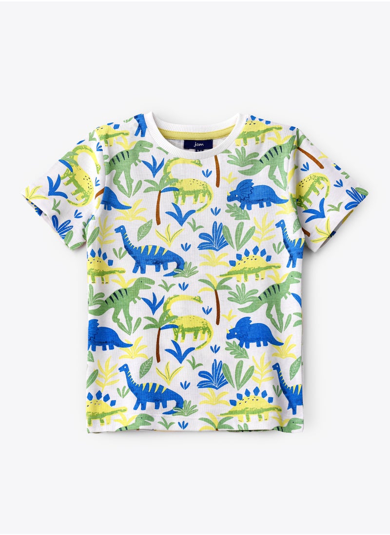 JAM - Boys' White Dinosaur Patterned Cotton T-Shirt - Image 1
