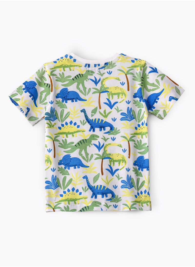 JAM - Boys' White Dinosaur Patterned Cotton T-Shirt - Image 1