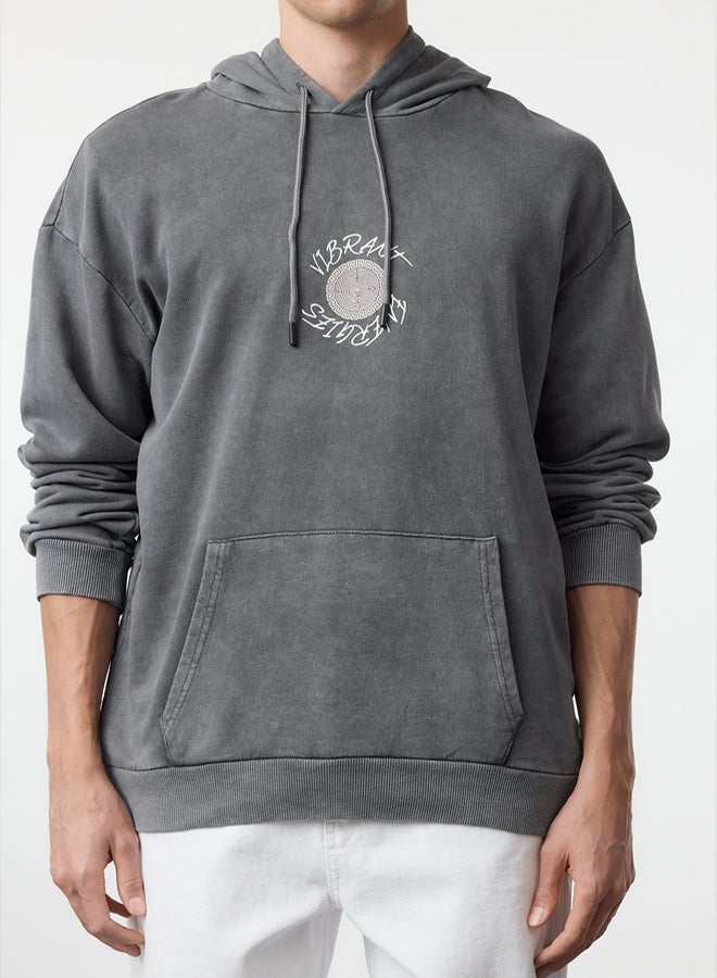 trendyol Anthracite Oversize/Wide Cut Text Back Printed Hooded Faded Effect Sweatshirt TMNAW25SW00043 - Image 3
