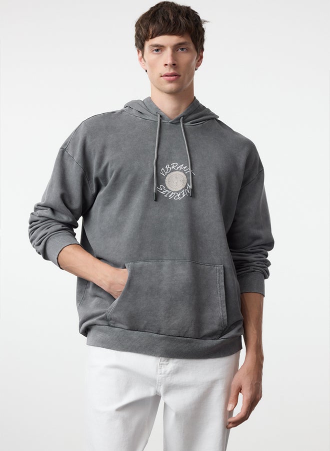trendyol Anthracite Oversize/Wide Cut Text Back Printed Hooded Faded Effect Sweatshirt TMNAW25SW00043 - Image 1