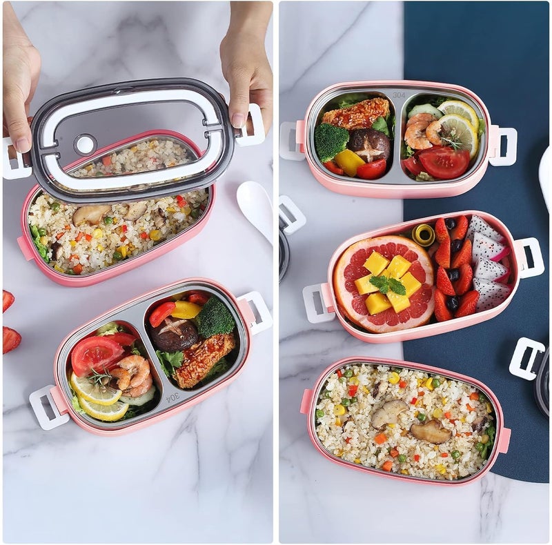 عالية الجودة صندوق غداء، طبقتين من الفولاذ المقاوم للصدأ مع 3 أقسام وأدوات مائدة (ملعقة وشوكة) للأطفال والكبار، مانع للتسرب | خالٍ من BFA | مناسب لغسالة الصحون 1400 مل (وردي) - Image 2